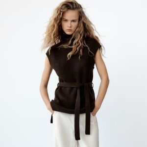 Zara Belted Knit Turtleneck Vest, Brown, size: small